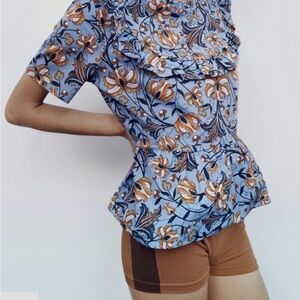 Zara Blue Floral Ruffle Peplum Top  - Small